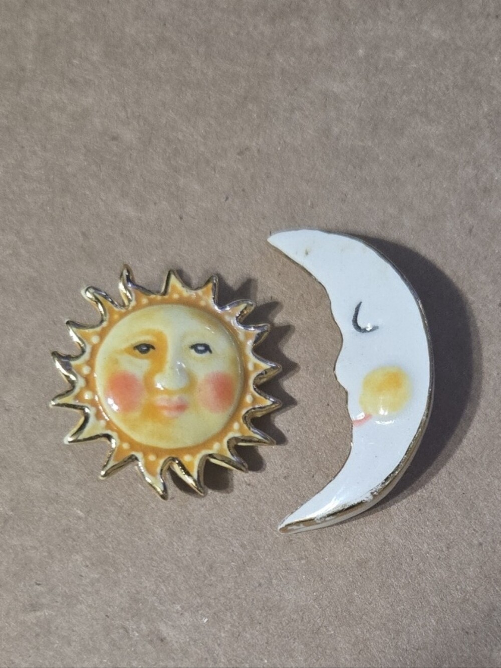 Sun and Crescent Moon Paper Mache Pin Set - Handcrafted And Handpainted
